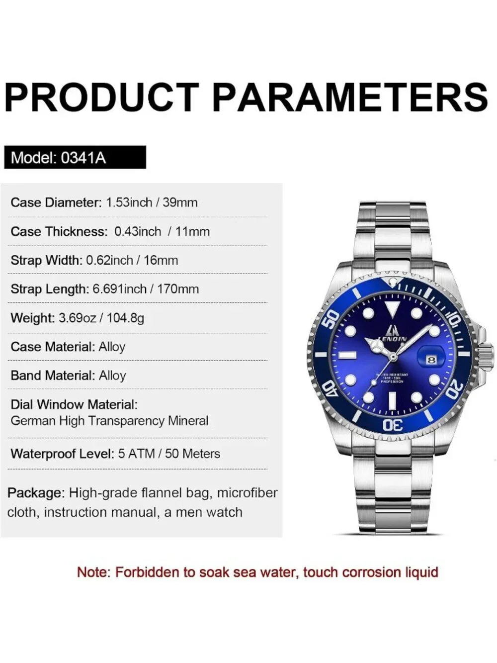 Men's Silver Blue Stainless Steel Analog Quartz Waterproof Luminous Wrist Watch